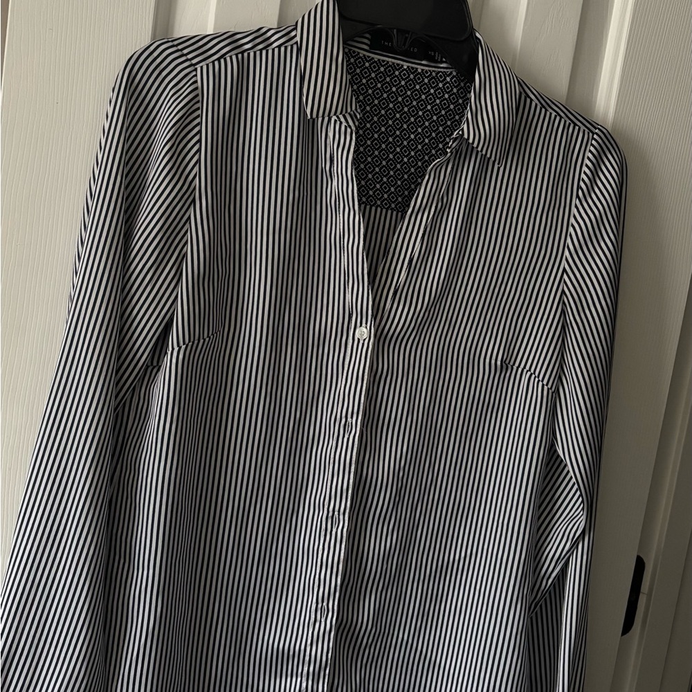 The Limited - Dark Blue  and White Striped Button-Up Shirt
